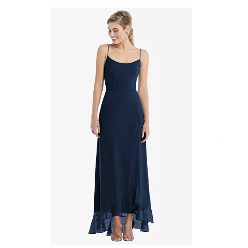 Scoop Neck Ruffle-Trimmed High Low Maxi Dress in Midnight Navy